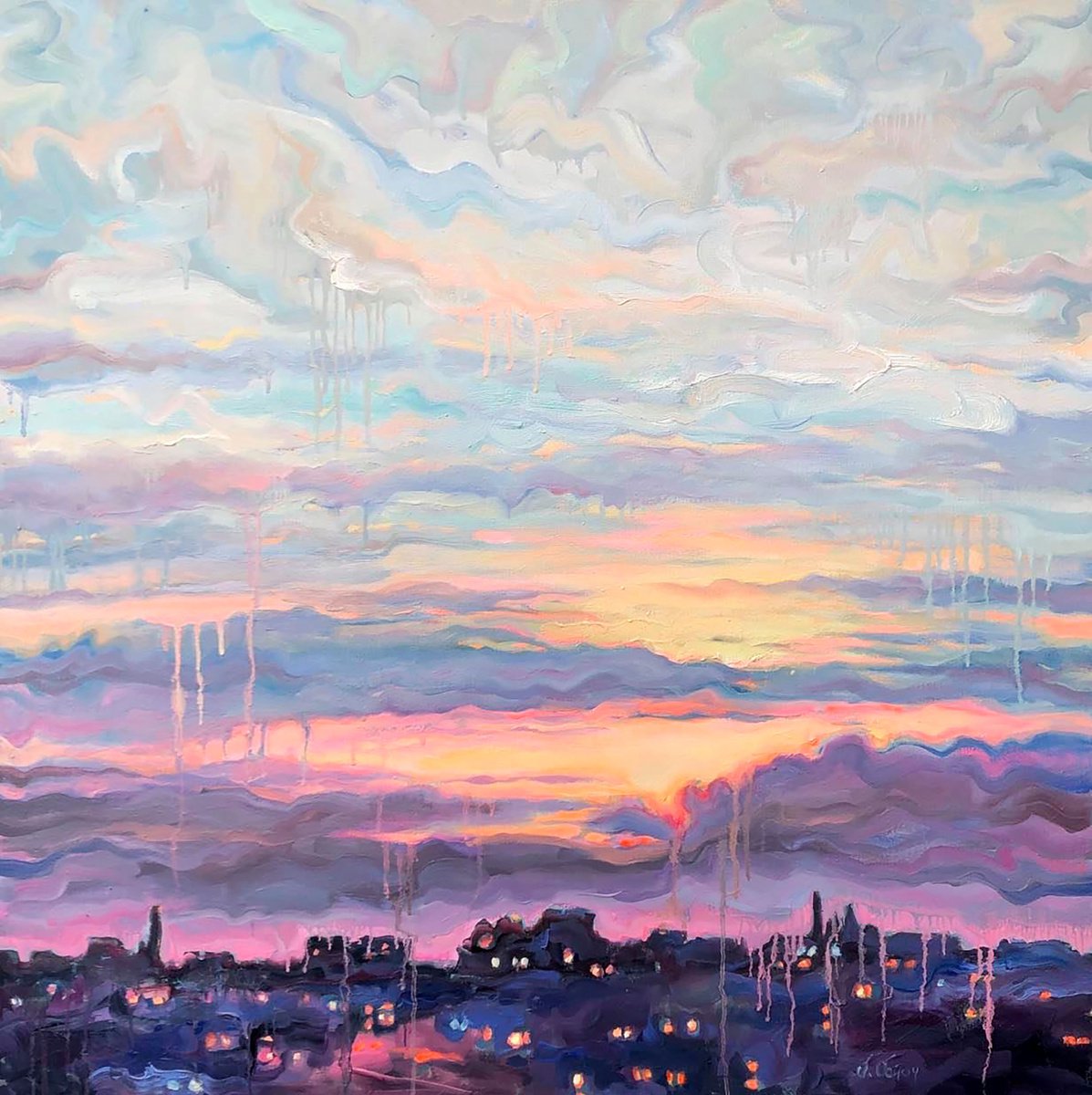 Impressionistic Landscape Oil Painting By Procach Olesia, 35 X 35", It Seems The Rain Is Starting, Original Artwork