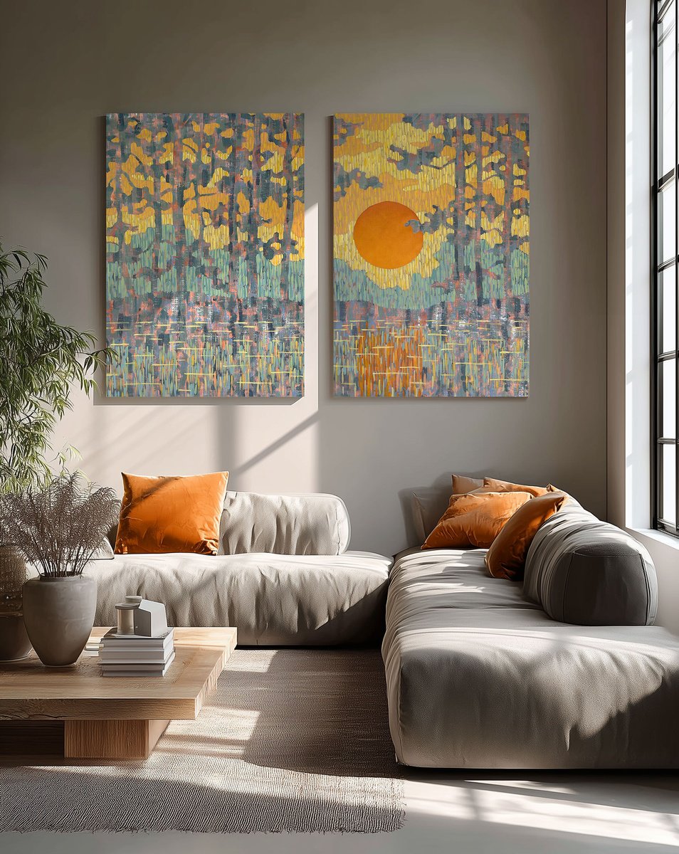 Illustrative Landscape Acrylic Painting By Ekaterina Prisich, 71 X 55, Pine Coast At Sunset. Diptych, Original Artwork