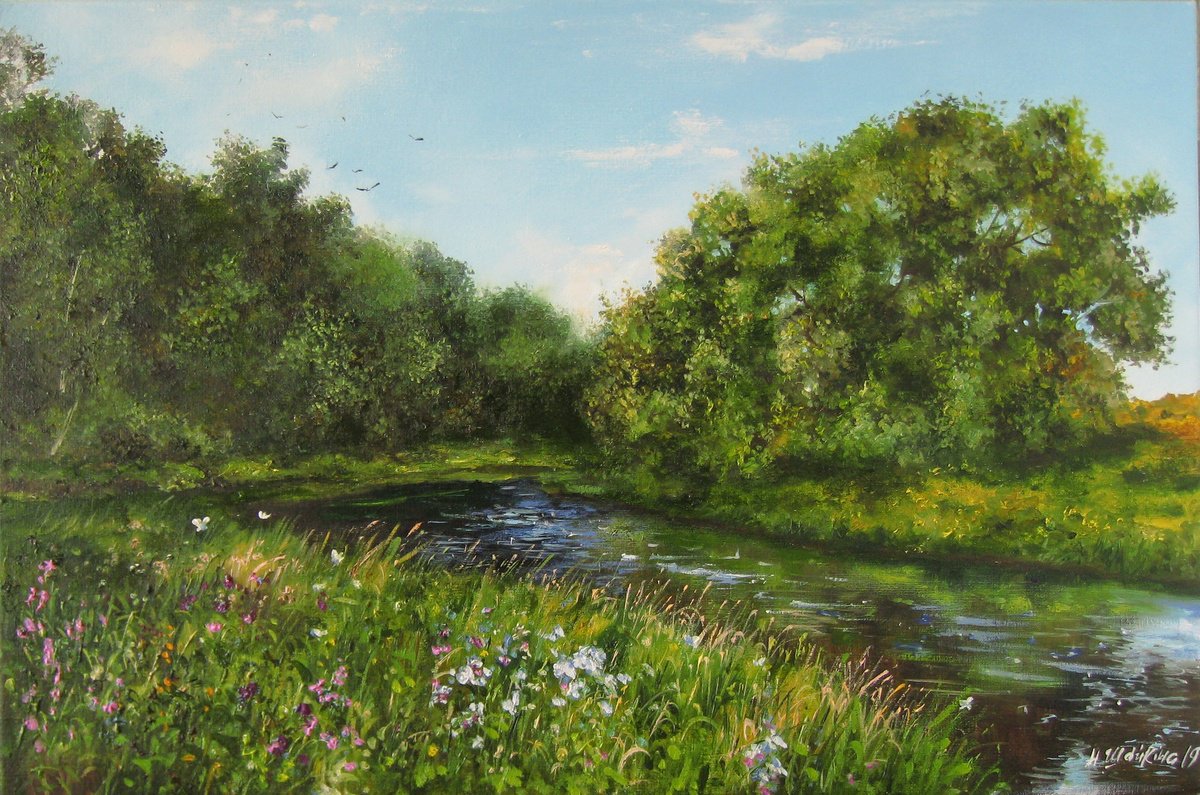 Impressionistic Landscape Oil Painting By Natalia Shaykina, 24 X 16", Green Summer, Original Artwork