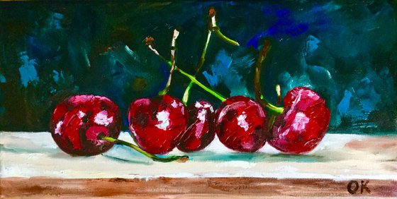 Cherries. Still life. Palette knife painting on linen canvas