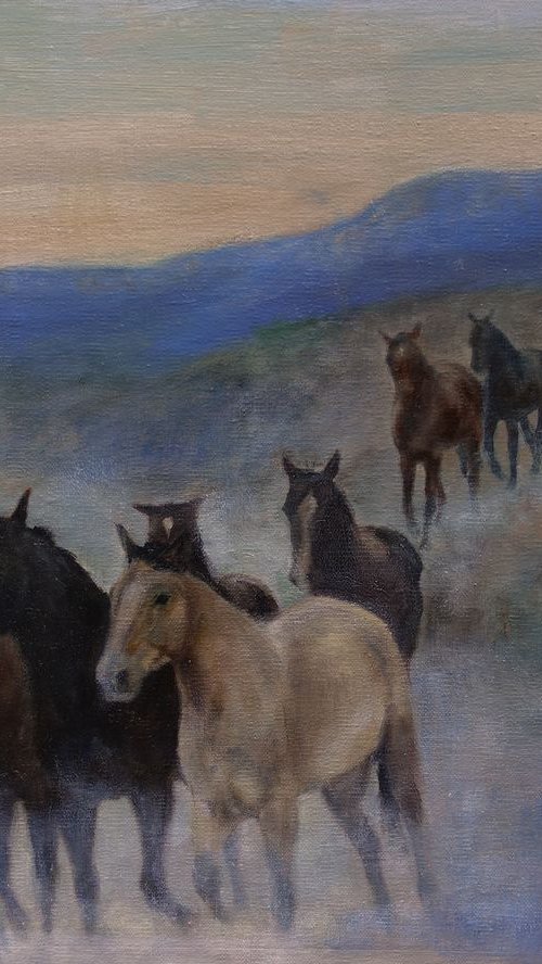 Stolen Horses, 12 X 16" oil of cowboys rustling horses, unframed by Sarah Kennedy