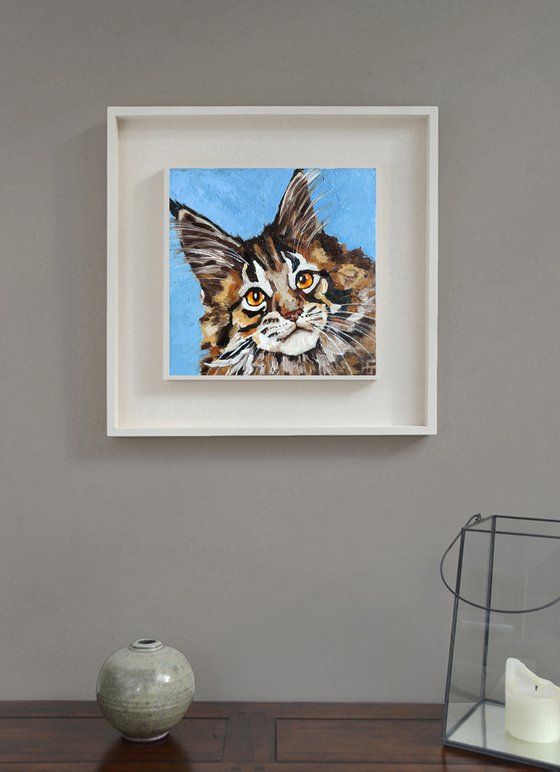 Cat Oil Painting Original Art Maine Coon Kitten Artwork Tabby Cat Portrait Pet Wall Art