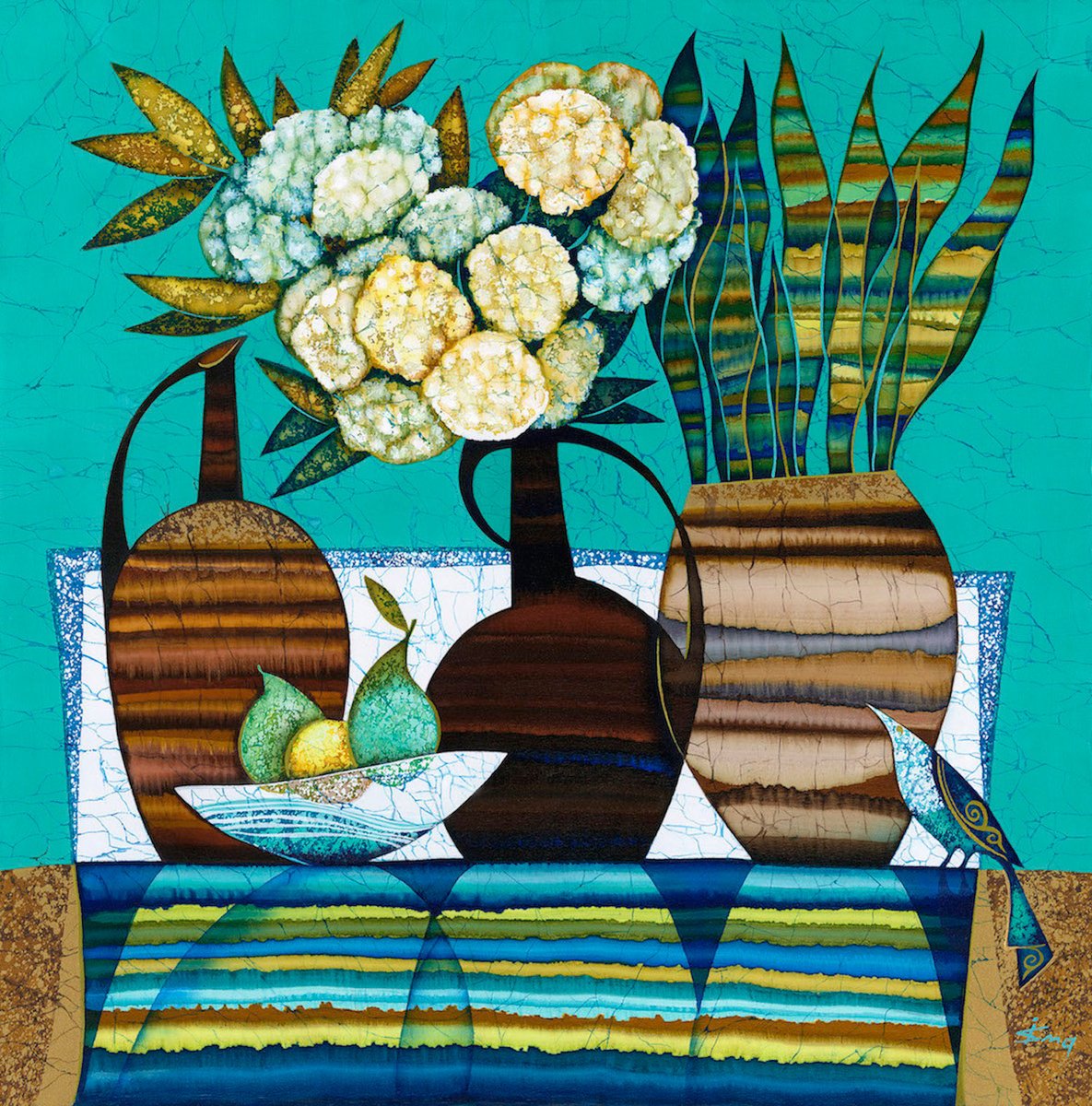 Illustrative Still Life Acrylic Painting By Julia Ismambetova, 24 X 24", The Blue Bird, Original Artwork