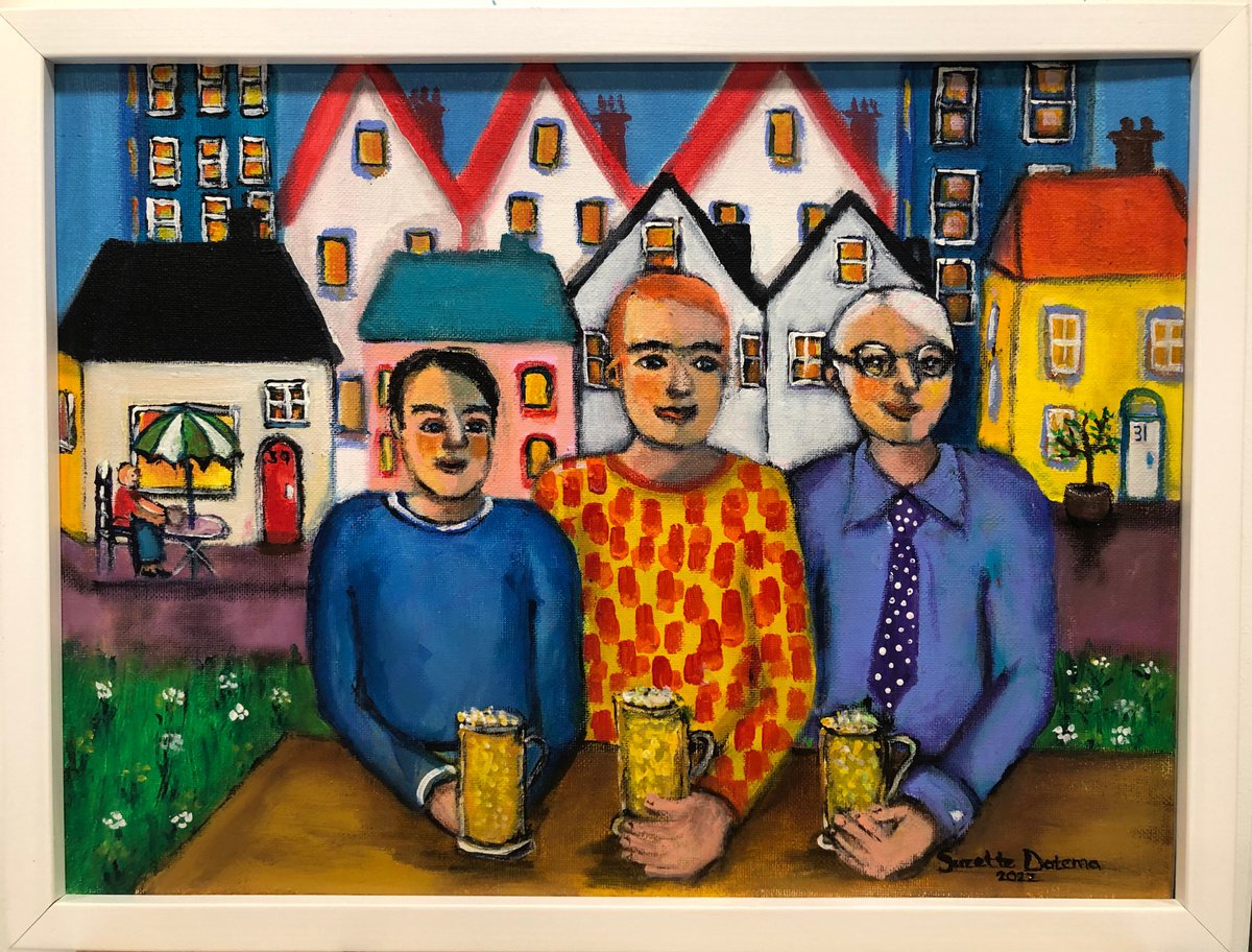 Naive Portrait Acrylic Painting By Suzette Datema, 17 X 13", Friends Are Forever, Original Artwork