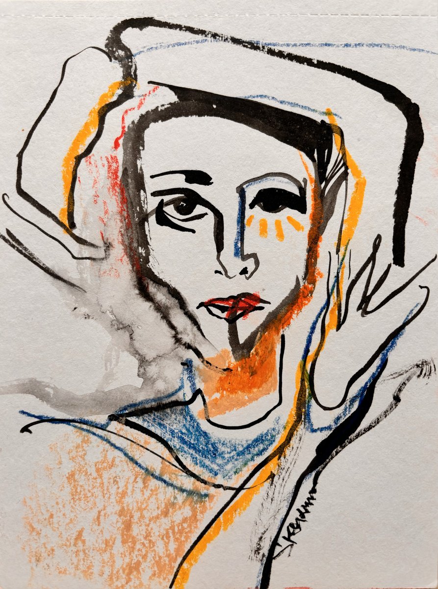 Expressive Portrait Ink Drawing By Mari Skakun, 6 X 8", Portrait # 24, Original Artwork