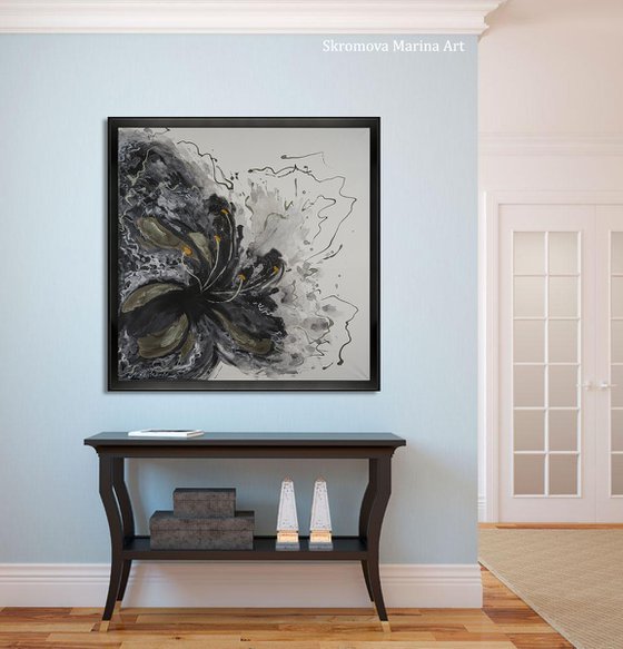 BLACK VEIL - Foil painting. Modern. Abstract. Gray shades. Hand-painted. Black. Flower. Textured. Golden leaf.