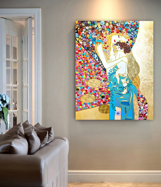 Set of 2 LARGE paintings 160x100 cm / 40x63 inches Gustav Klimt Mother and Child & Family GEMSTONES and mosaic wall art