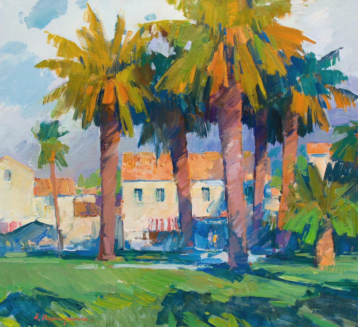 Impressionistic Landscape Oil Painting By Aleksandr Kryushyn, 26 X 24, Cafe Under Palms. Morning, Original Artwork