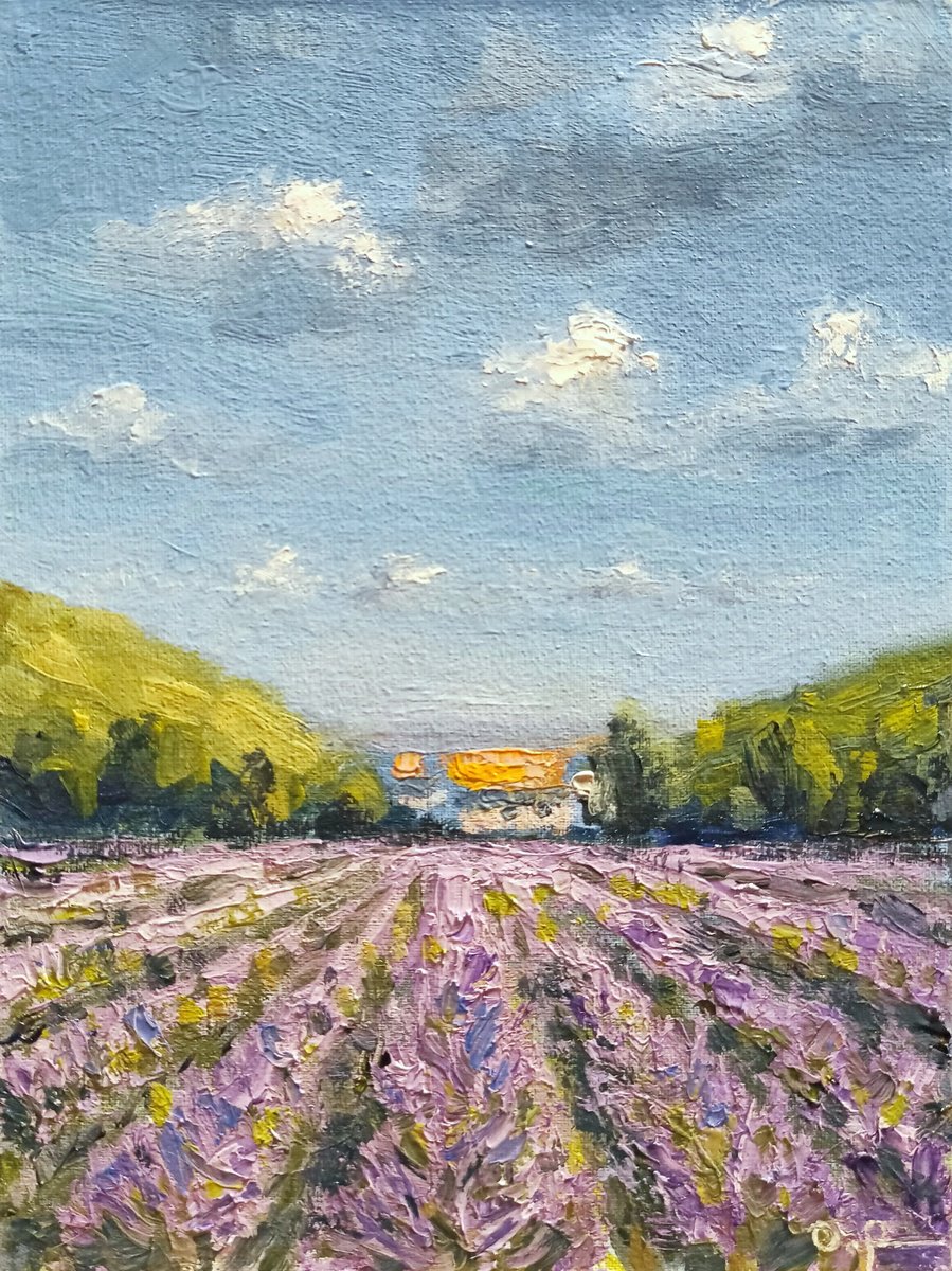Impressionistic Landscape Oil Painting By Oleh Rak, 6 X 8", Impression. Lavender Fields, Original Artwork