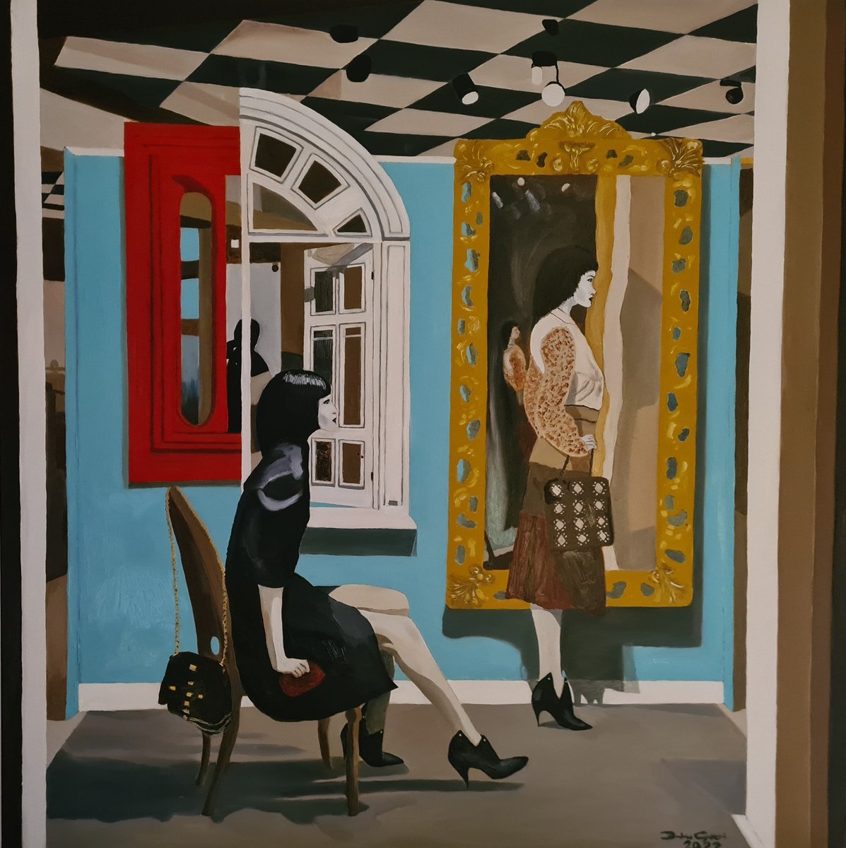 Photorealistic Cityscapes Oil Painting By Federico Grazzini, 39 X 39, Vetrina A Roma 13, Original Artwork