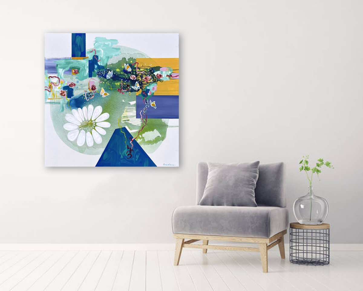 Organic Botanical Acrylic Painting By Randi Antonsen, 35 X 35", Shape Of A Heart, Original Artwork