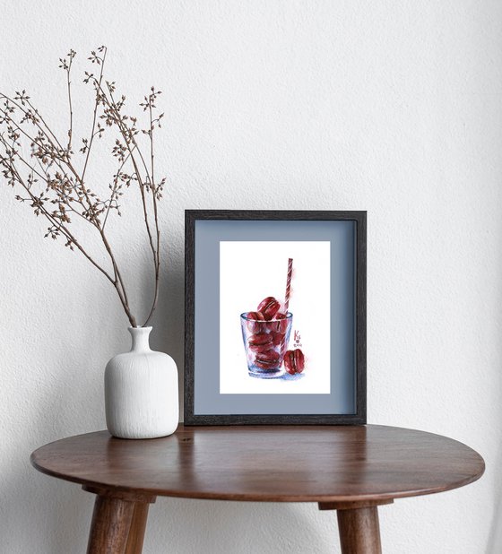 "Glass with red macaroons" watercolor food illustration