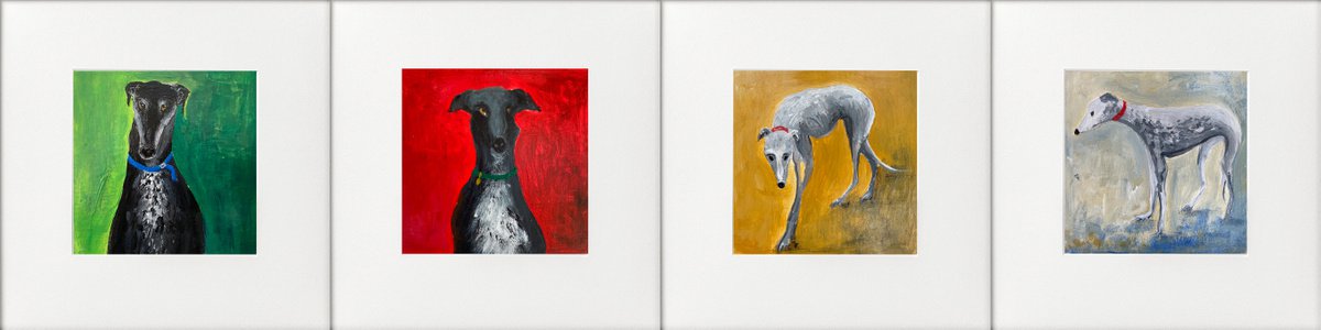 Expressive Animal Painting By Teresa Tanner, 36 X 9", 4 Greyhound Studies, Original Artwork