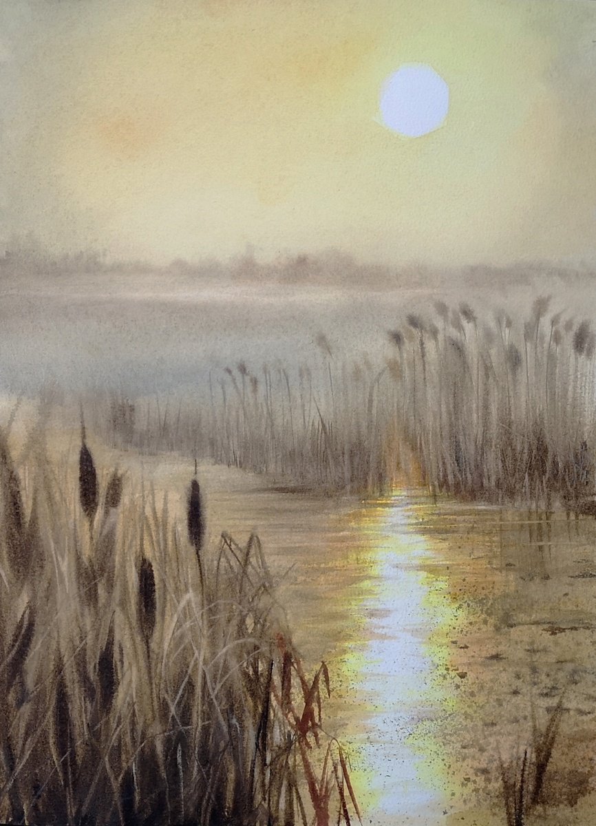 Sunrise - Dry reed on the river - Dry Grass - Autumn landscape by Olga Beliaeva Watercolour