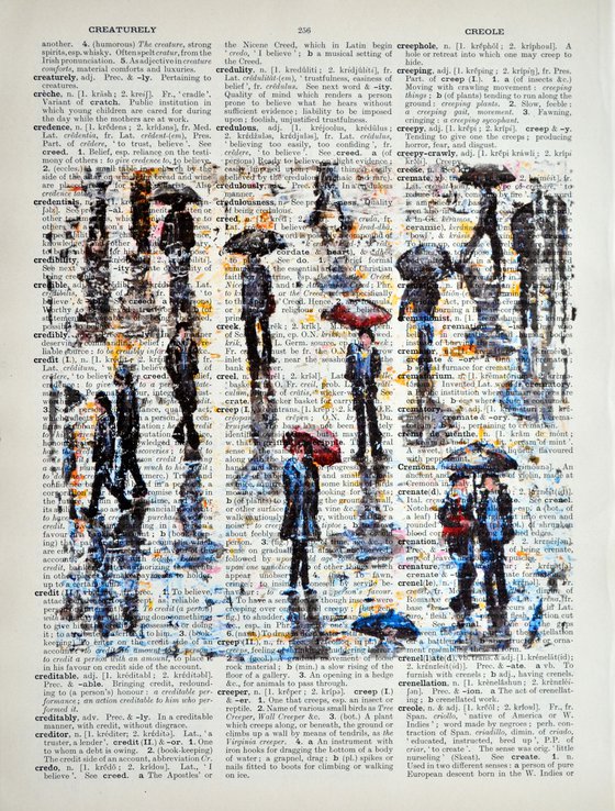 At the City 5 - Collage Art on Large Real English Dictionary Vintage Book Page