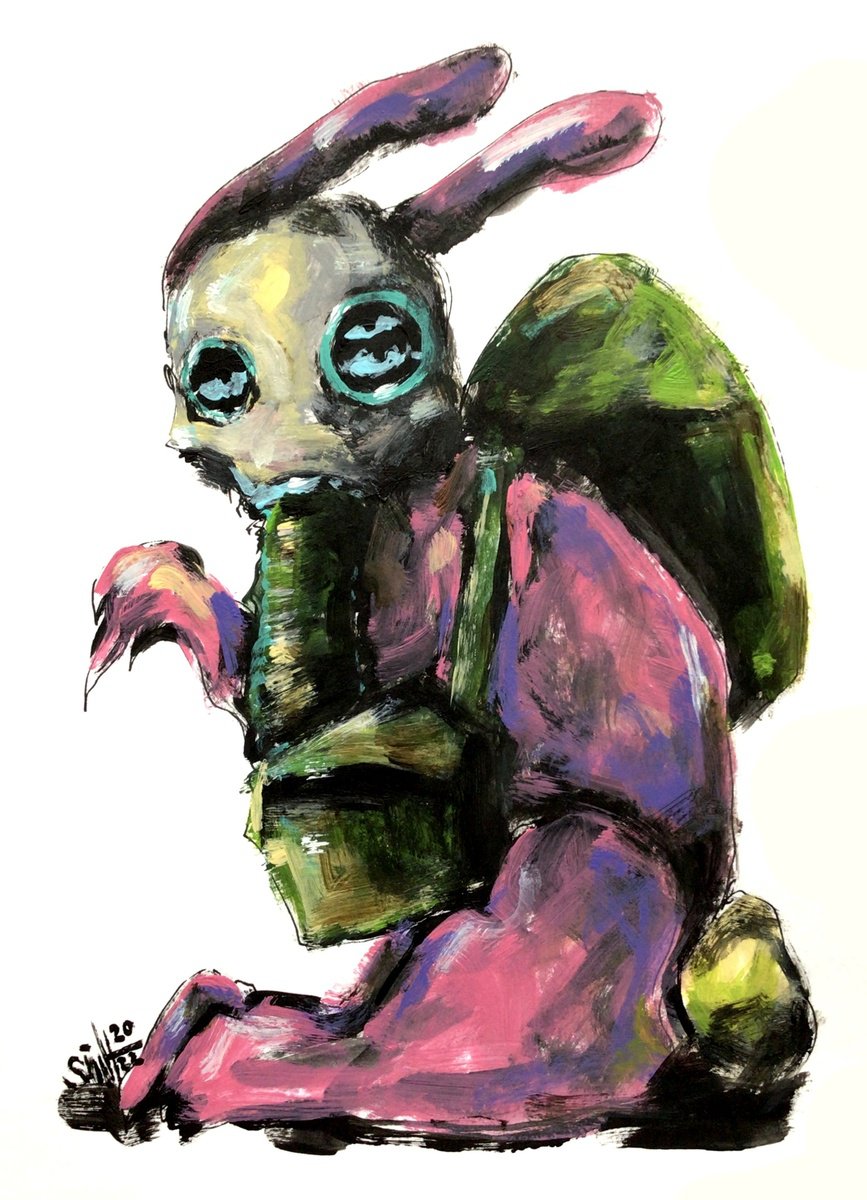 #11 Rabbit Abstract zombie portrait painting original art, Horror Naive Outsider Folk Art... by Ruslan Aksenov