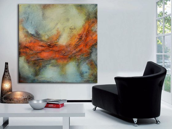 Terra rossa, 40" x 40" x 1.5"  (101 cm x 101 cm x 3.8 cm) - large orange and blue grey abstract landscape