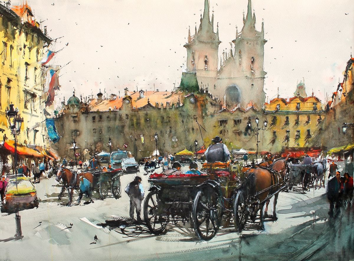 Impressionistic Watercolour , Next Trip In Old Town Square By Maximo Damico, 30 X 22, Artwork For Sale On Artfinder