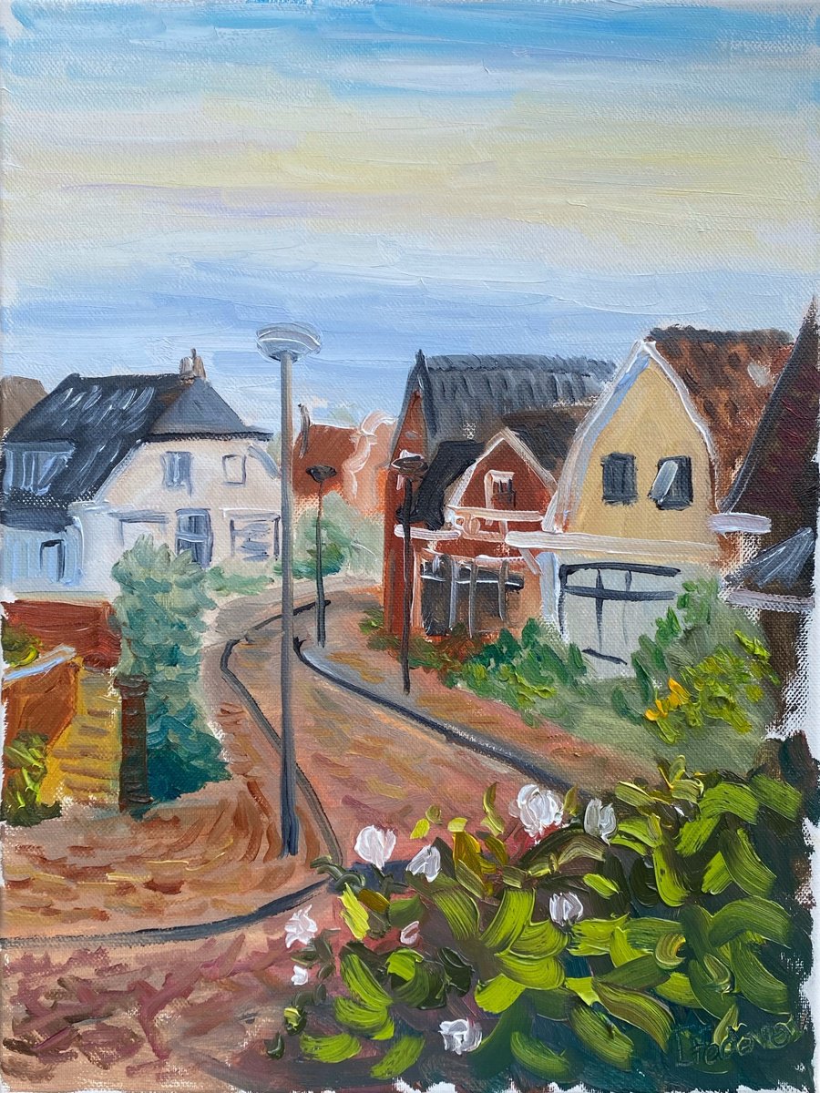 Impressionistic Cityscapes Oil Painting By Dmitry Fedorov, 12 X 16, Dutch Village Pathway, Original Artwork