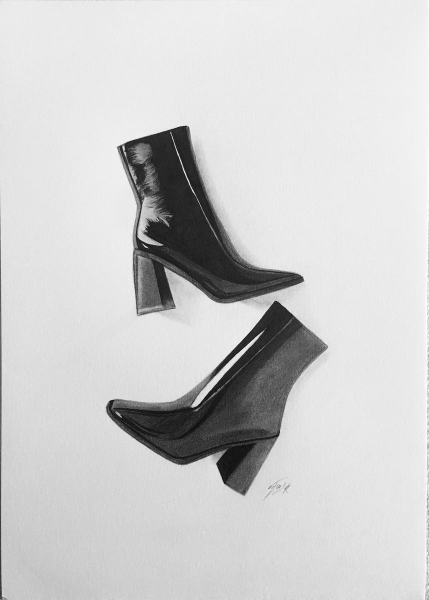 Photorealistic Still Life Pencil Drawing By Amelia Taylor, 8 X 12, Shiny Boots 2, Original Artwork