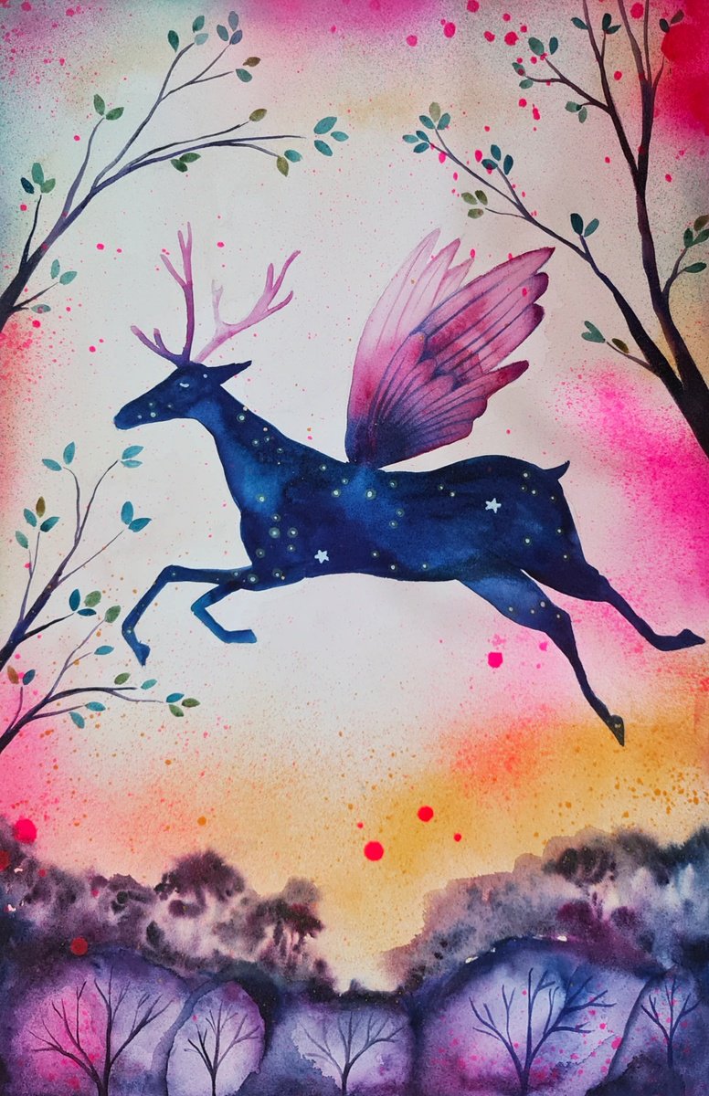 Surrealistic Painting , Stardust Deer By Evgenia Smirnova, 15 X 22, Artwork For Sale On Artfinder