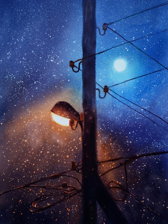 Luminous Dichotomy: A Dance of Warmth and Cold - power lines and moon