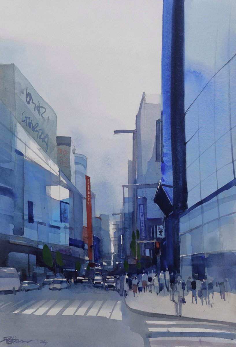 Impressionistic Cityscapes Watercolour By Prashant Prabhu, 14 X 20", Shopping Blues At Ginza, Original Artwork