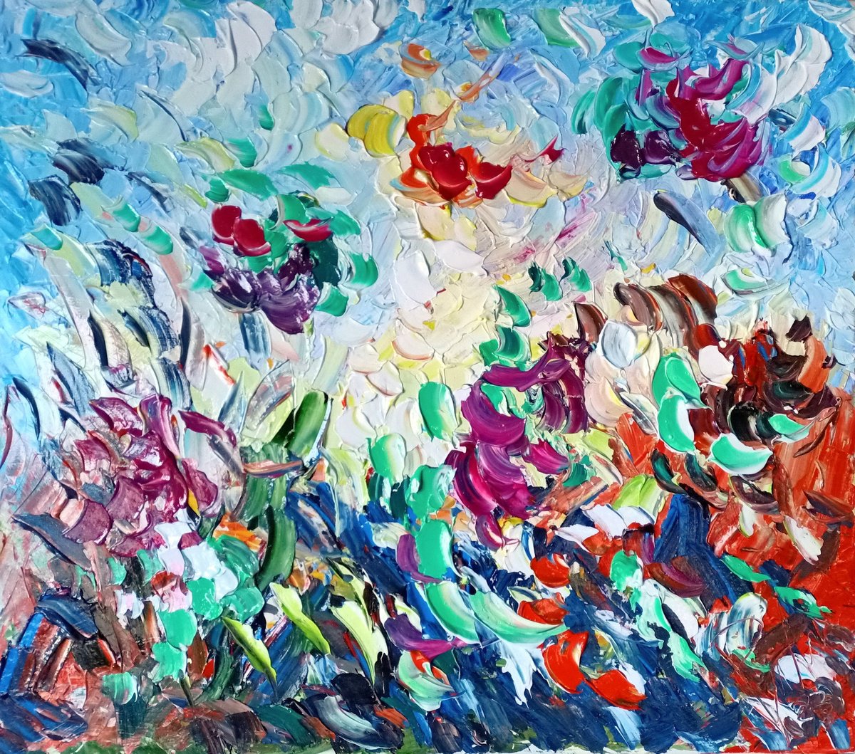Impressionistic Botanical Oil Painting By Antonino Puliafico, 35 X 31, Fiori Nel Campo, Original Artwork