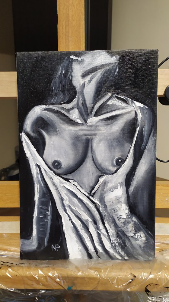 In silence, nude erotic black and white oil painting, gift art, bedroom painting