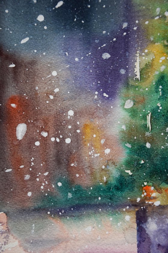 Winter New York watercolor painting, New Year Rockefeller Center, original abstract cityscape, snowy Manhattan