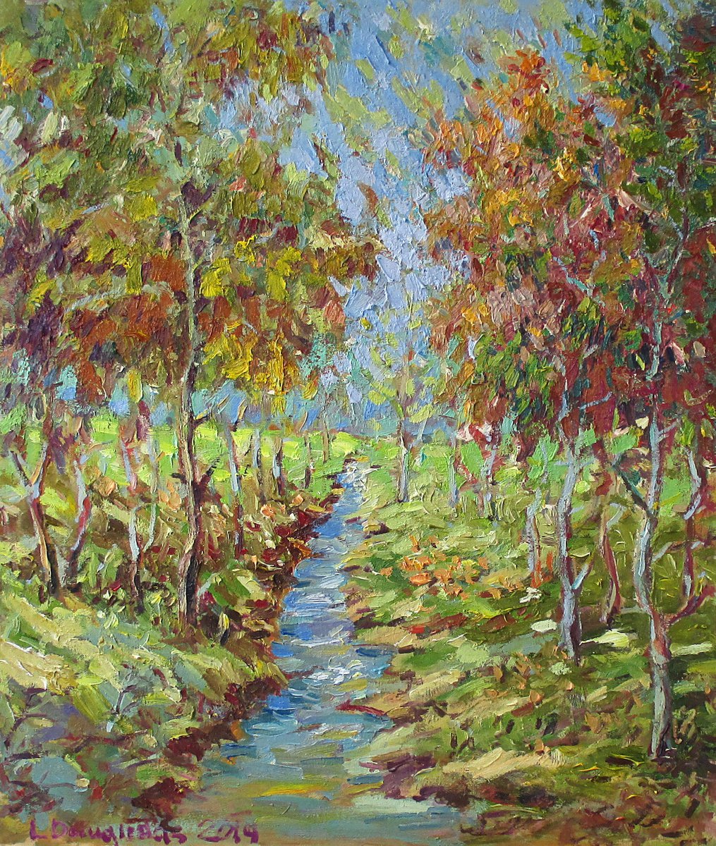 Impressionistic Landscape Oil Painting By Liudvikas Daugirdas, 20 X 24", The Stream In The Forest, Original Artwork
