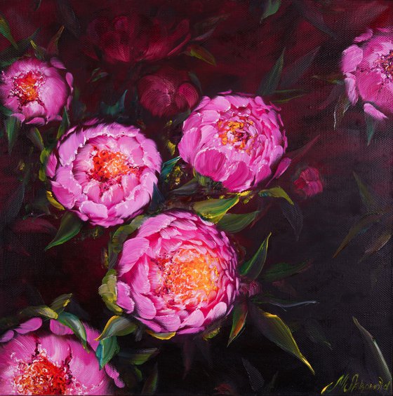 EVENING COOLNESS - Original. Pink flowers. Unusual peonies. Dark background. Floral art. Hand painting. Dust.