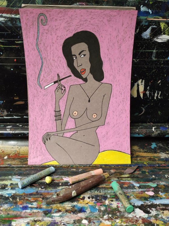 Smoking woman on the pink
