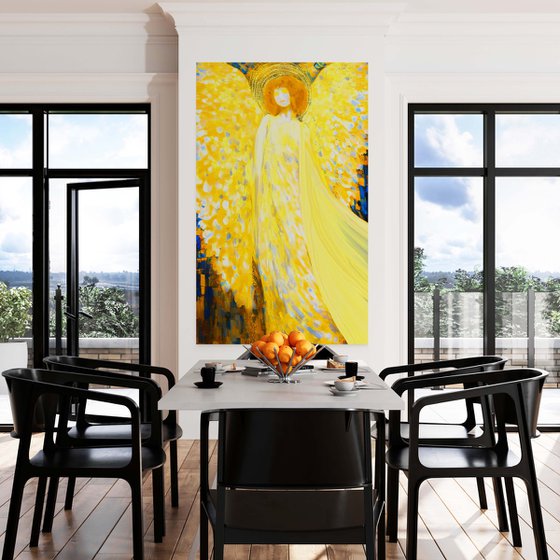 Sunny Angel. Huge 200 x 120 cm artwork. Magical radiance of the soul. Bright futuristic fantasy fabulous esoteric surreal mystery harmonious golden yellow art. Meditation relaxation pray aura grace Large format wall art on canvas
