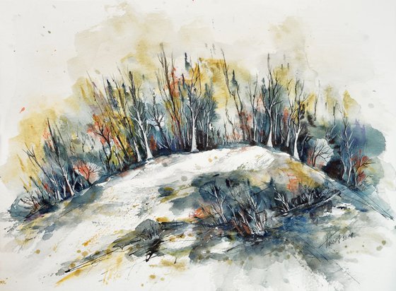 The wooden hill - original watercolor and ink painting