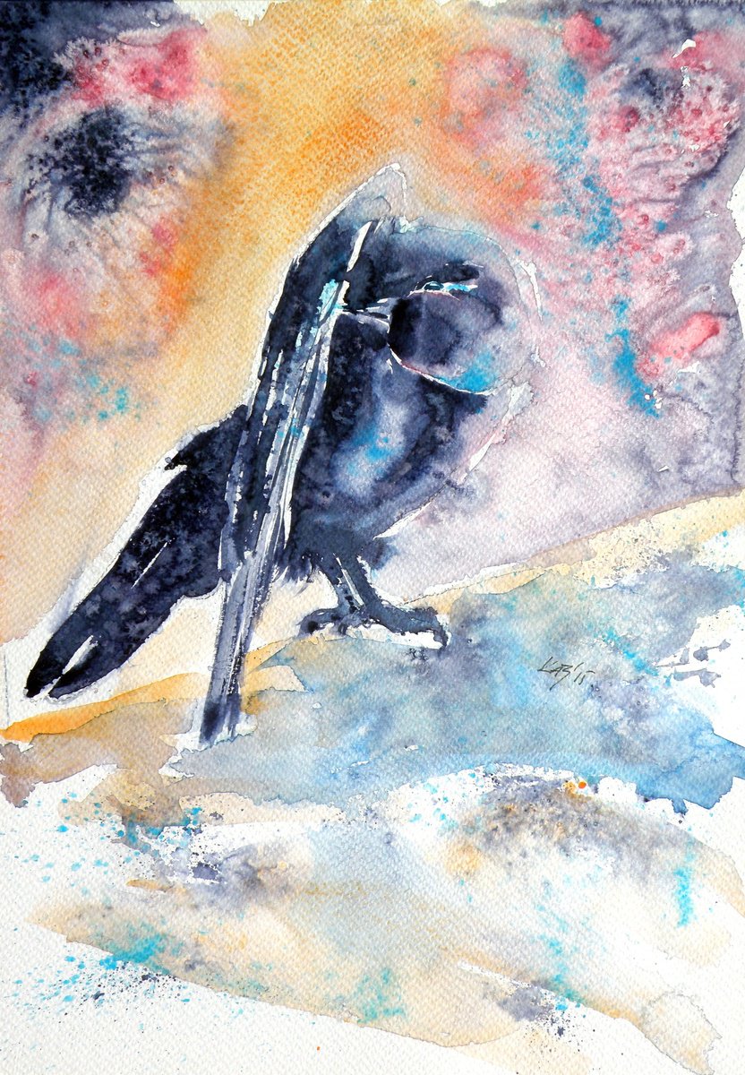 Impressionistic Animal Watercolour By Kovacs Anna Brigitta, 10 X 15", Crow In Autumn Ii, Original Artwork