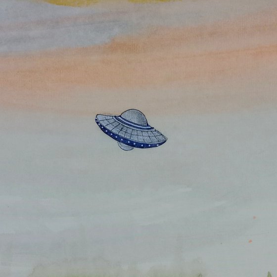 Morning UFO Alien Encounter Landscape Nature 18x24 Watercolor Painting