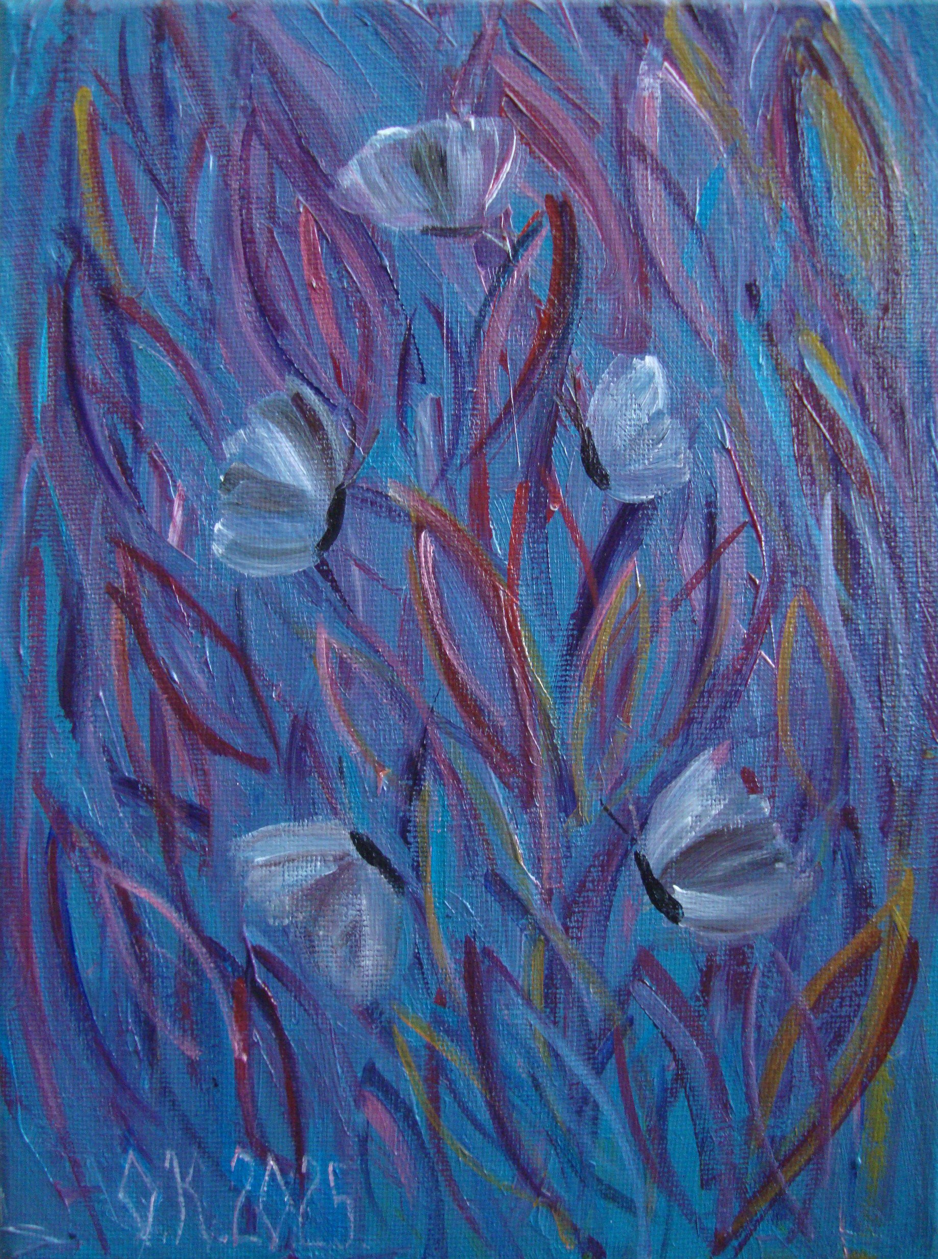 Abstract Animal Acrylic Painting By Olga Knezevic, 7 X 9", Little Blue Garden, Original Artwork