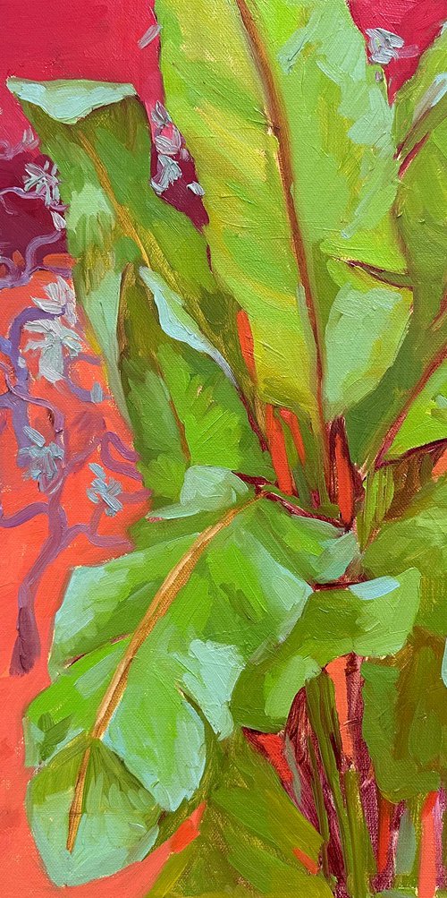 Red landscape with banana tree by Anna Bogushevskaya