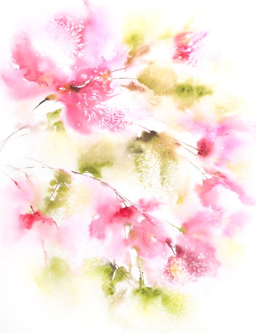 Pink floral bouquet, watercolor abstract flowers by Olga Grigo