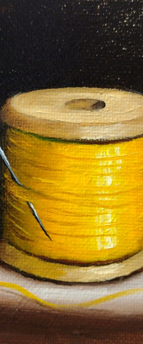 Little Yellow cotton reel  still life by Jane Palmer Art