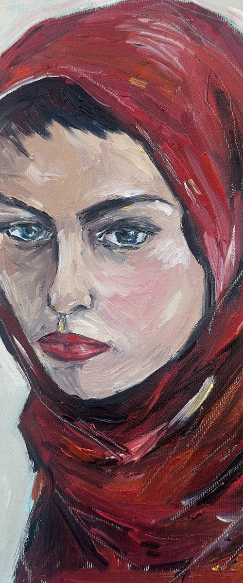 Woman in a Red Headscarf by Irina Anis