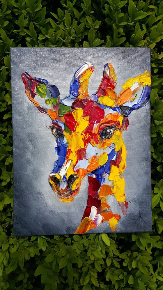 Giraffe - animal, animal face, abstractionism, painting on canvas, gift, animals art, animals oil painting, palette knife