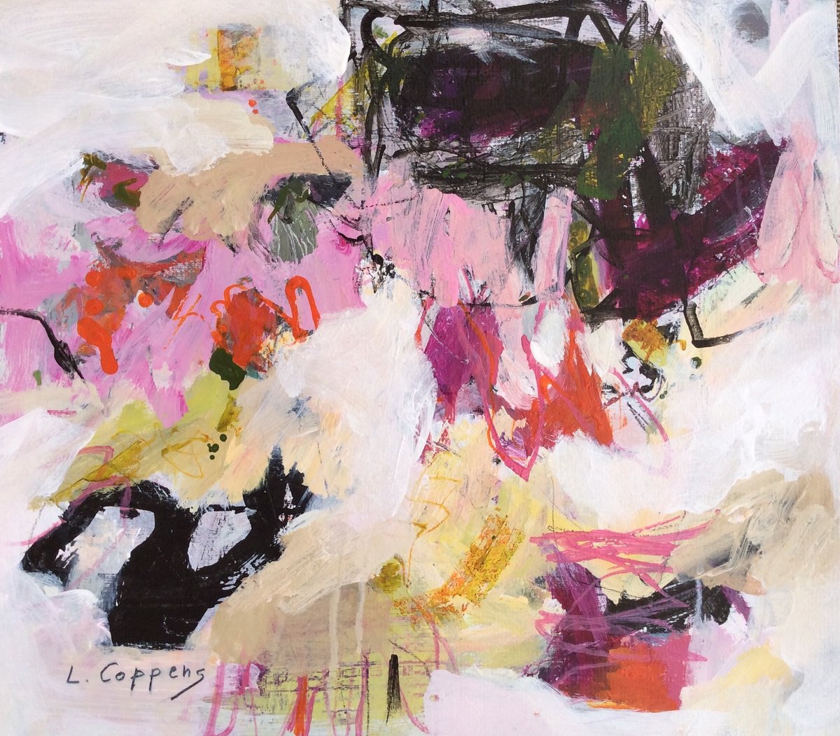 Expressive Botanical Acrylic Painting By Linda Coppens, 21 X 18", Garden Of Dreams, Original Artwork