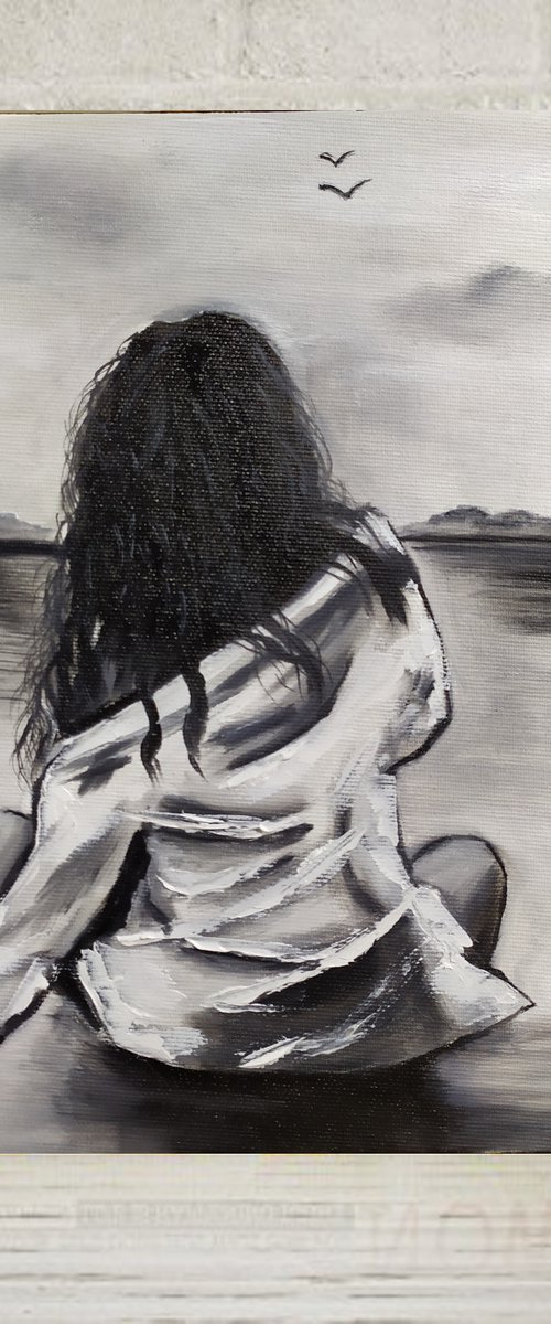 Touch the sky, nude erotic black and white girl painting, art for home by Nataliia Plakhotnyk