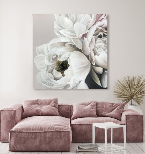 "Gray Silk Peonies" White gray flower oil art