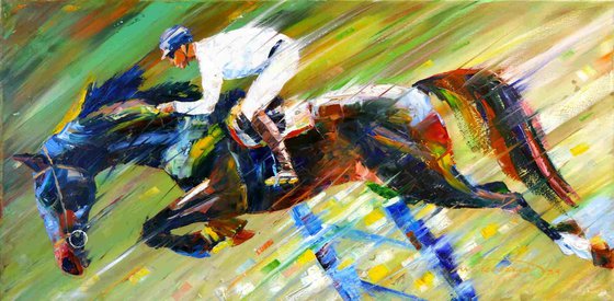 Graceful Horse Leap: Dynamic Equestrian Artwork in Vibrant Oil Colors