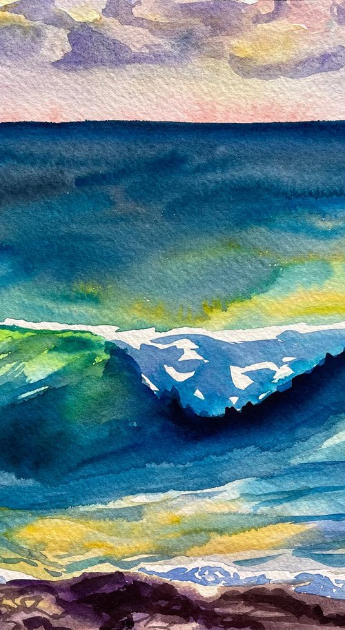 Ocean Watercolor Painting, Sunset Seascape Original Artwork, Coastal Wall Art, Beach House Decor by Kate Grishakova