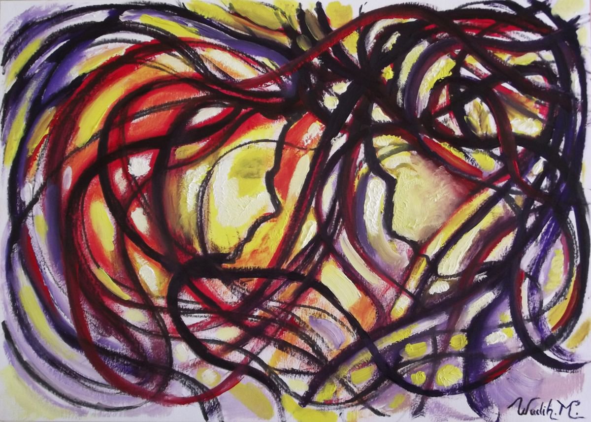 MEETING IN THE WIND - Double Figure Abstract Painting - 29.5x42 cm by Wadih Maalouf