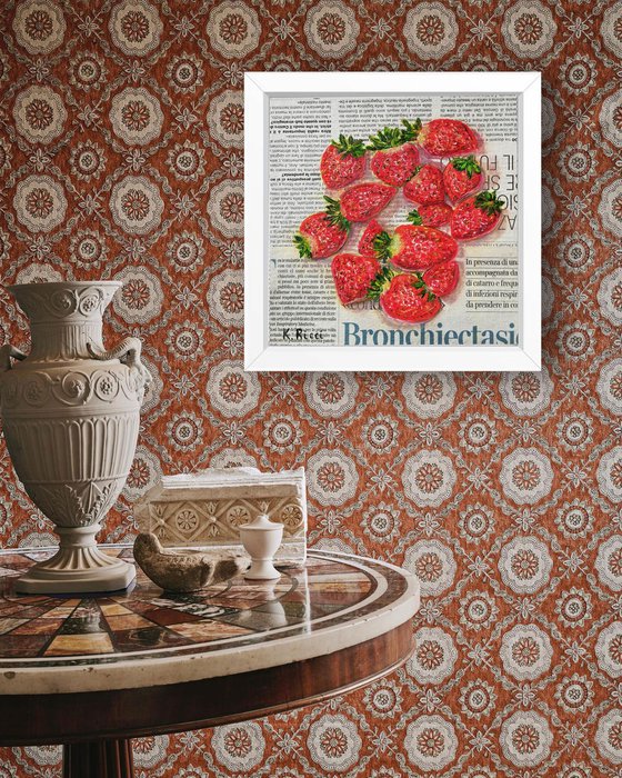 "Strawberries on Newspaper Original Oil on Canvas Board Painting 8 by 8 inches (20x20 cm)